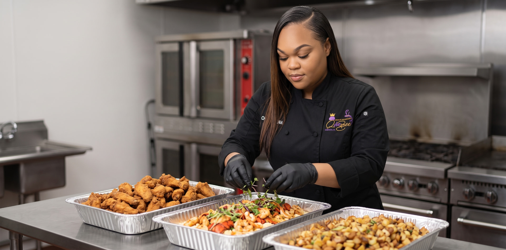 Chef Regina Whittington preparing fried chicken, shrimp, and breakfast potatoes in her catering kitchen