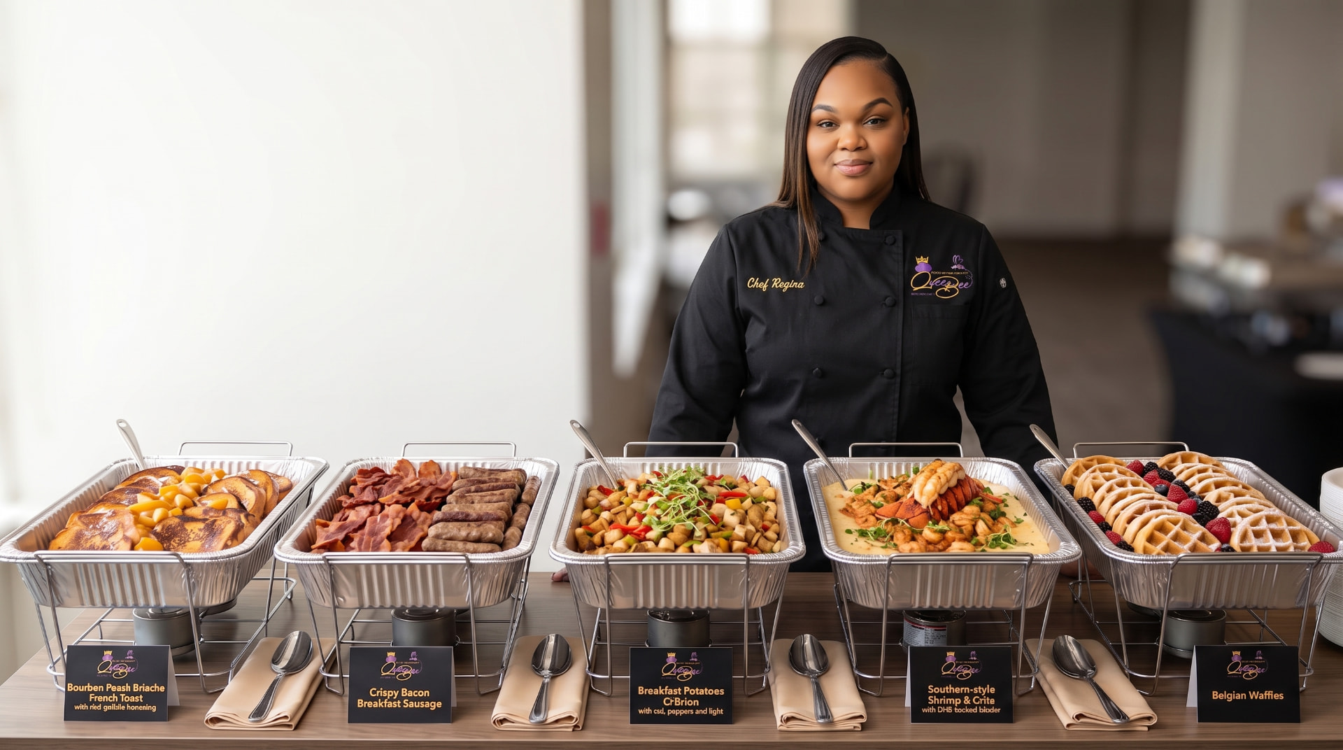 Chef Regina Whittington behind a full brunch drop-off catering spread
